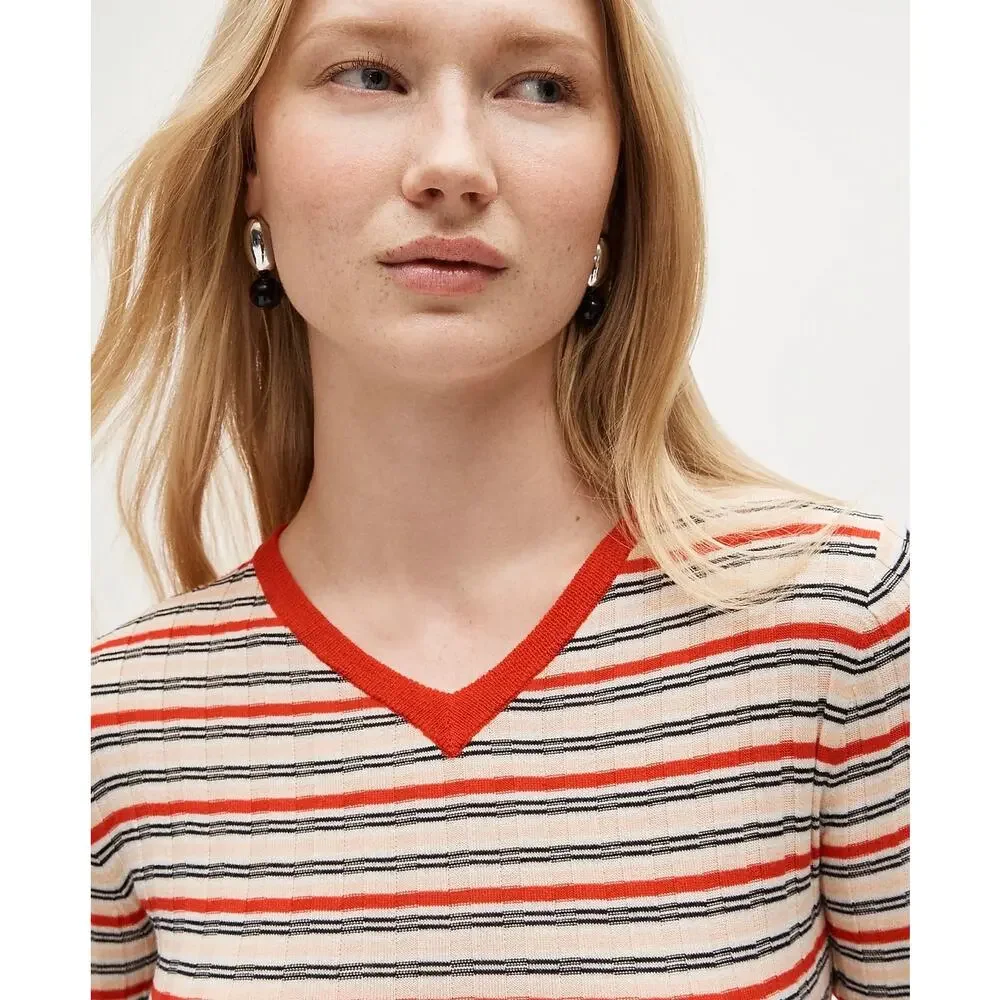 J. Crew Wide-rib high V-neck sweater striped merino wool Red Apricot NWT Small